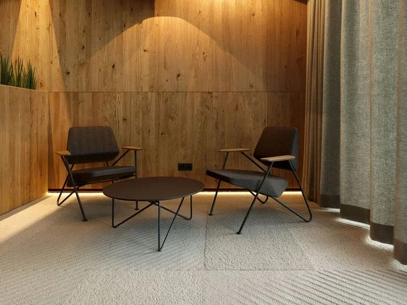 patterned carpet installed in rustic sitting area